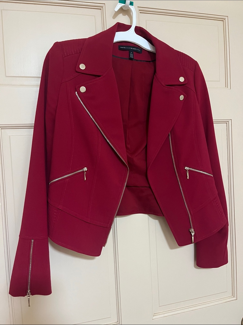 White House Black Market Women's Burgundy Red Moto Jacket with Silver Hardware